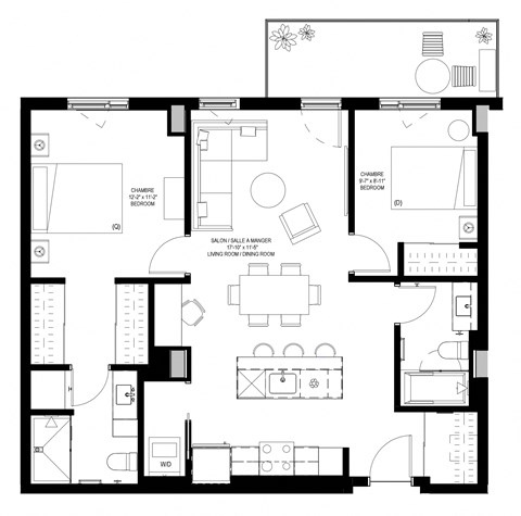 Floor plan for 2 beds, 2 baths, 926 sqft